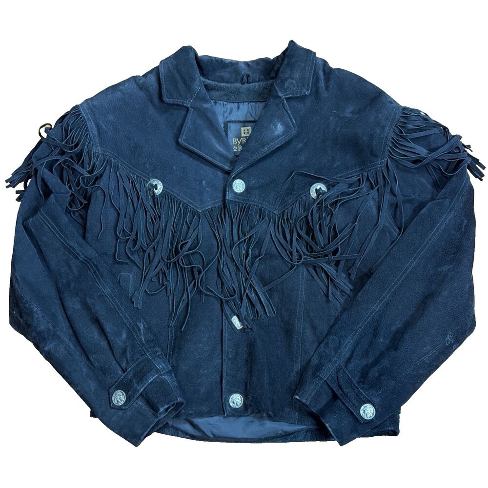 Vtg Byrnes & Baker Black Leather Fringe Cropped Jacket M Western Cowgirl Biker